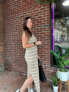 Maggie | Taupe Sleeveless Striped Sweater Dress