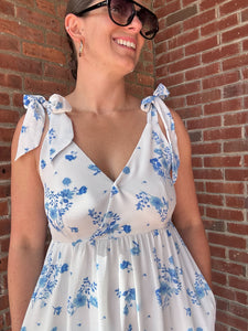 Marion | Blue & Cream Floral with Tie shoulders