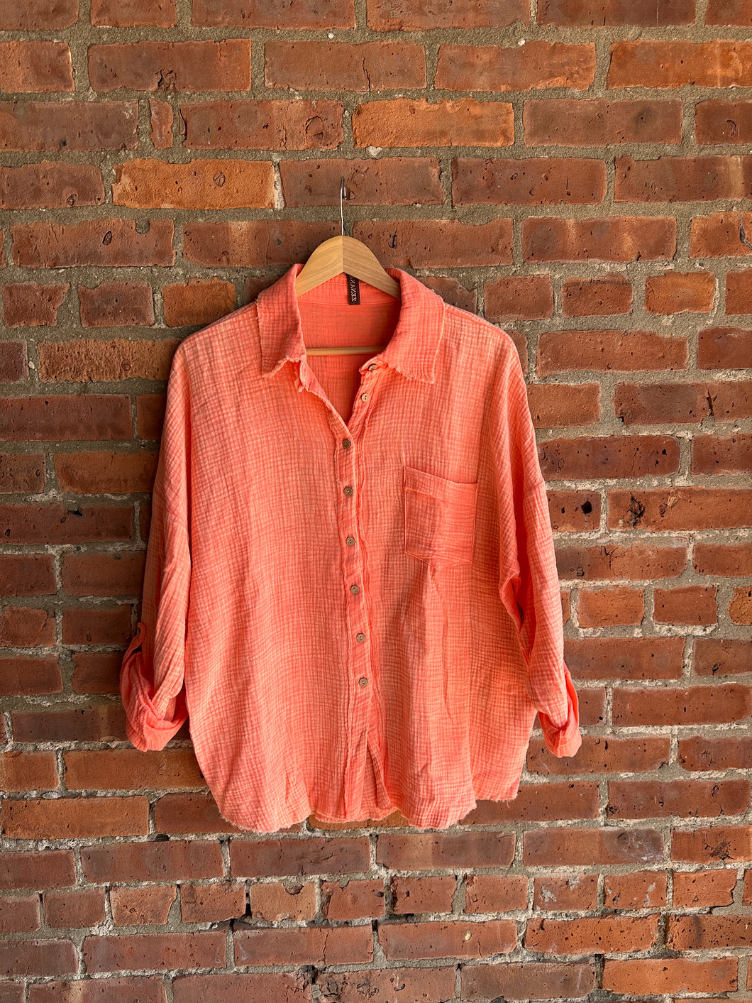 Coral | Washed Gauze Button Up Top