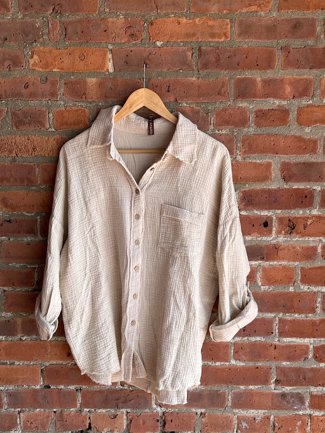 Beige | Washed Gauze Button Up Top