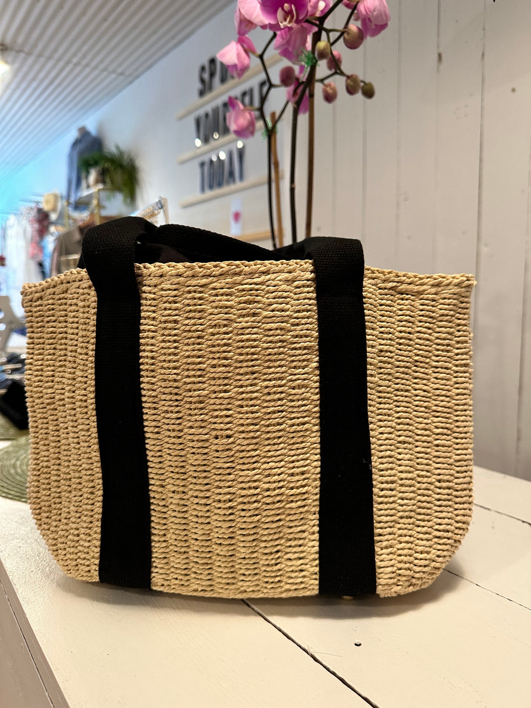 Straw Bag with black handles | Tote Bag