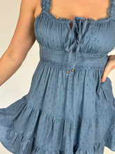 Load image into Gallery viewer, Swiss Dot Mini Dress blue with synched top
