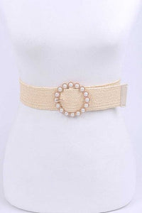 Pearl Buckle Faux Straw Elastic Belt