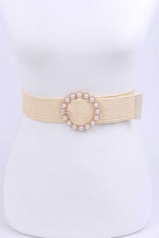Pearl Buckle Faux Straw Elastic Belt