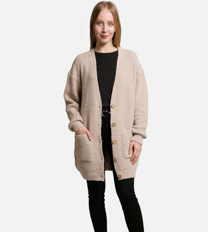 Beige | ComfyLuxe V-Neck Cardigan With Pocket And Button Closure
