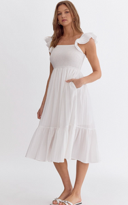 Solid square neck midi dress | White