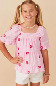 Pink Daisy Embroidered Top  | Youth