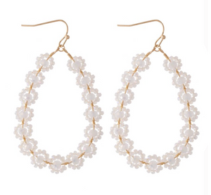 Flower Beaded Earrings | White