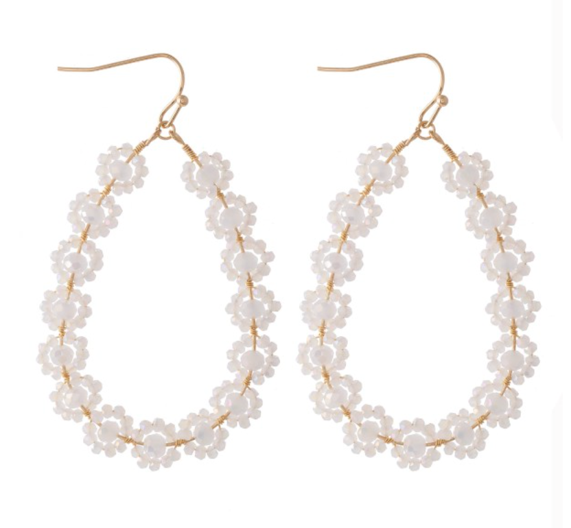 Flower Beaded Earrings | White