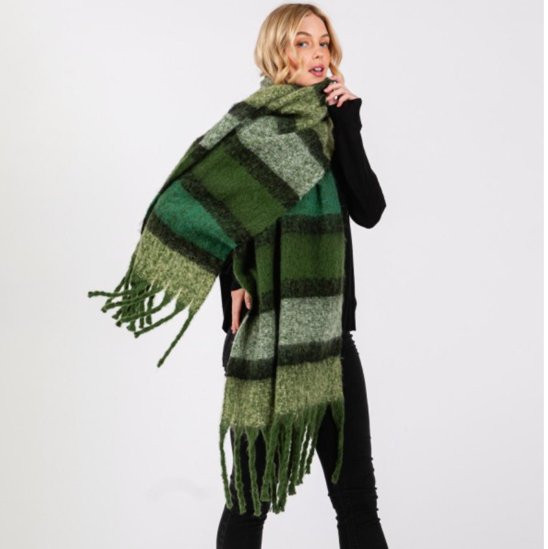 Green | Fuzzy Striped Scarf