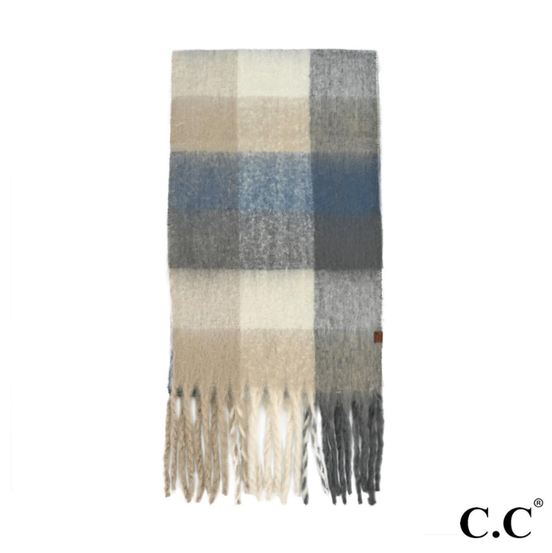 Fuzzy Checkered Scarf | Beige