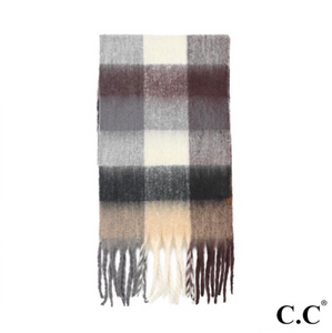 Fuzzy Checkered Scarf | Tan