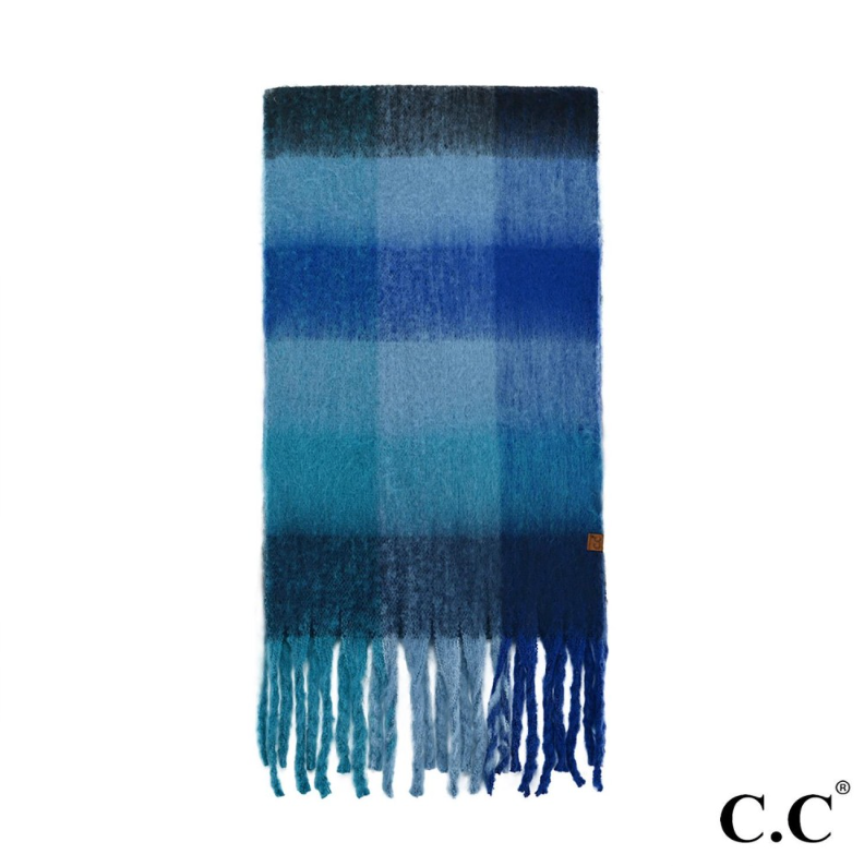 Fuzzy Checkered Scarf | Ocean Blue