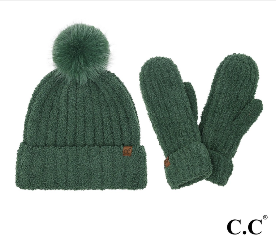 Cozy Yarn Hat + Mitten Set | Hunter Green