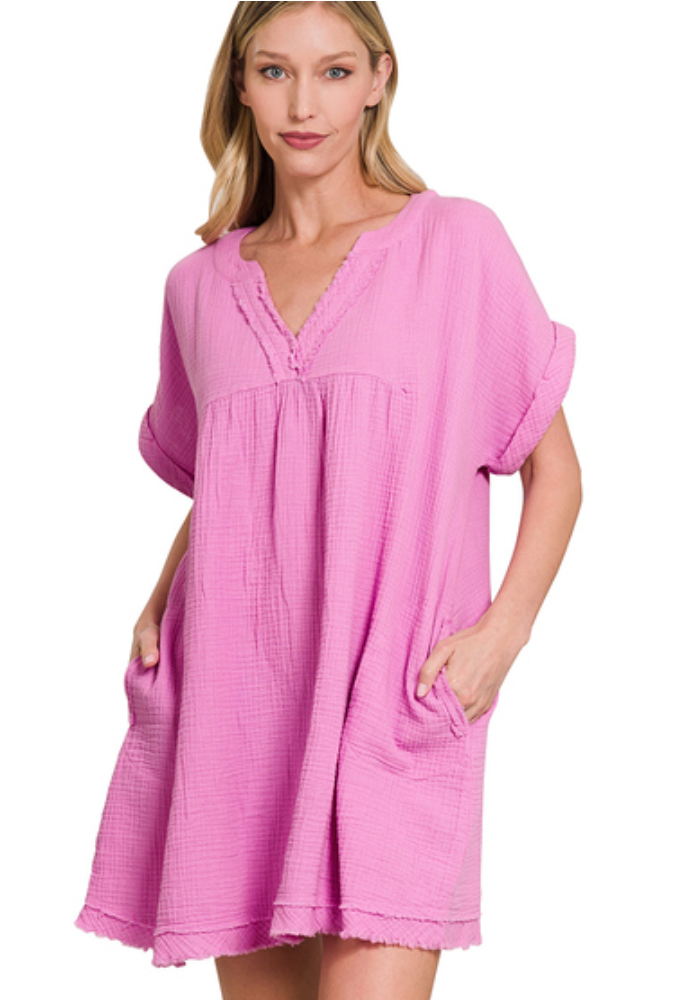 Nancy | Mauve Double Gauze Raw Edge Vneck Dress