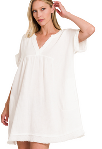 Nancy | White Double Gauze Raw Edge Vneck Dress