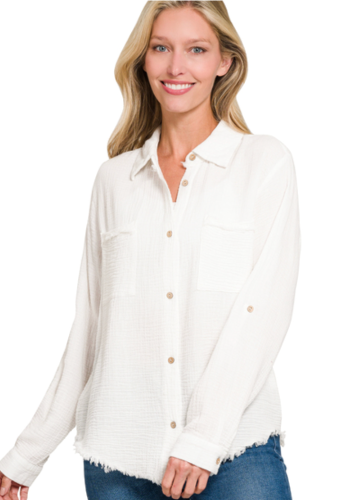 White Gauze Button Up Top