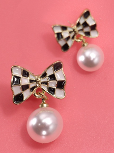 Checkered Bow Pearl Drop Earrings