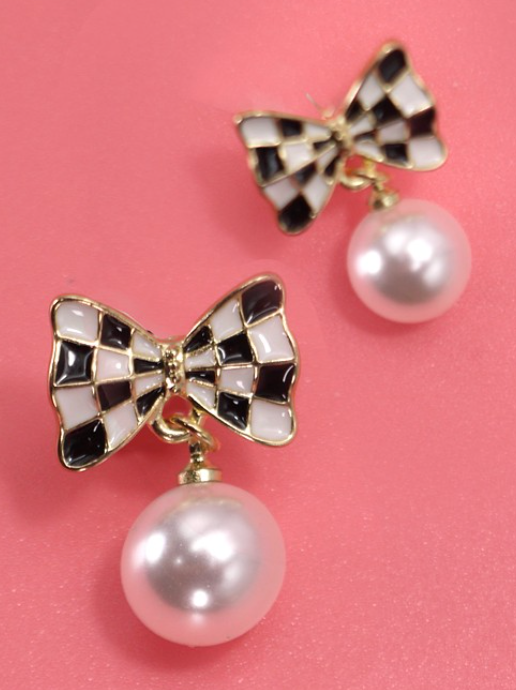 Checkered Bow Pearl Drop Earrings