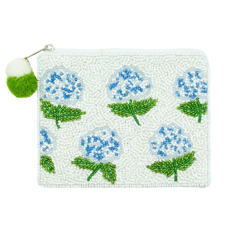 Blue Flowers Seed Beaded Canvas Bag With Pom Pom Zipper