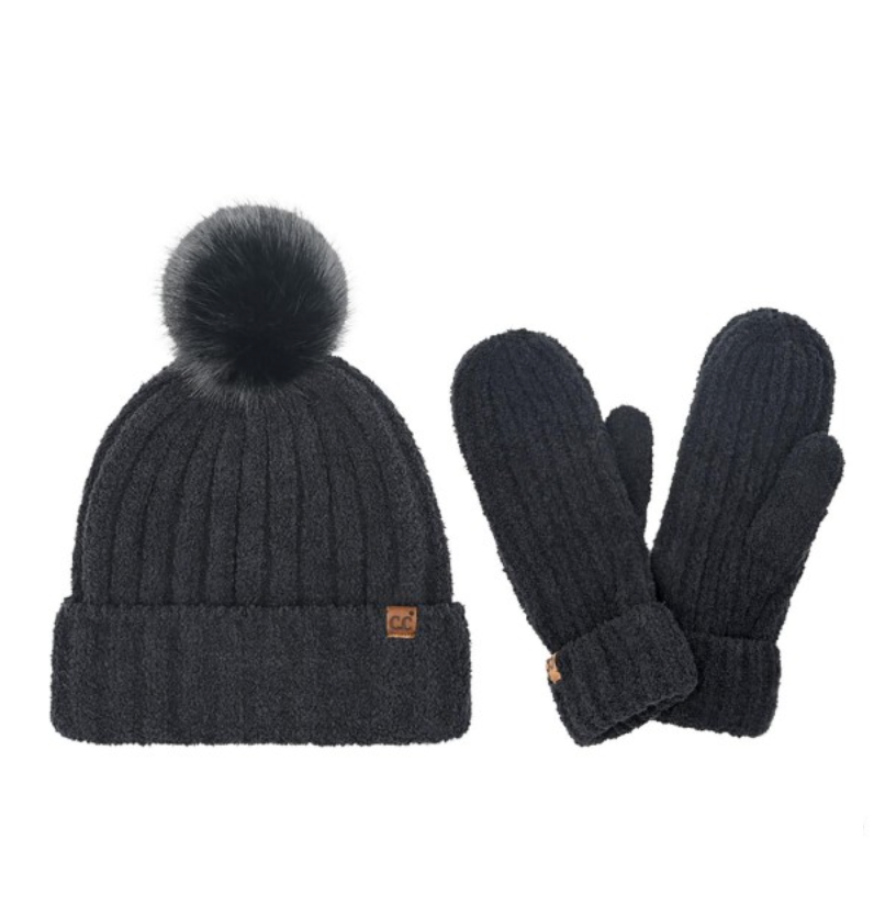 Cozy Yarn Hat + Mitten Set | Black