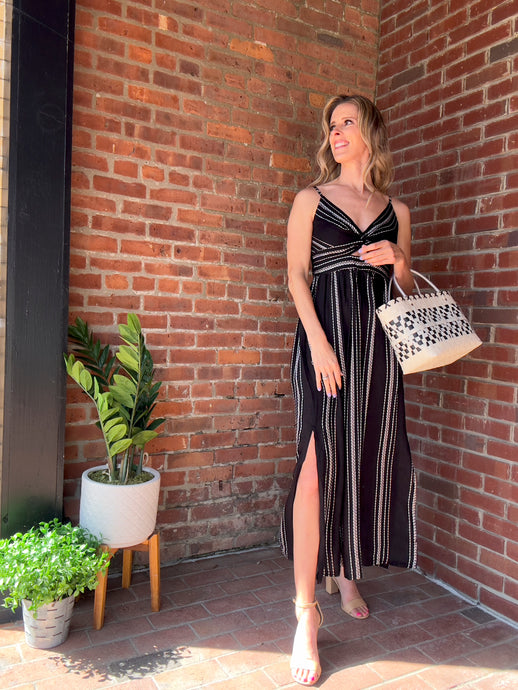 Embroidered Striped Twist Front Dress