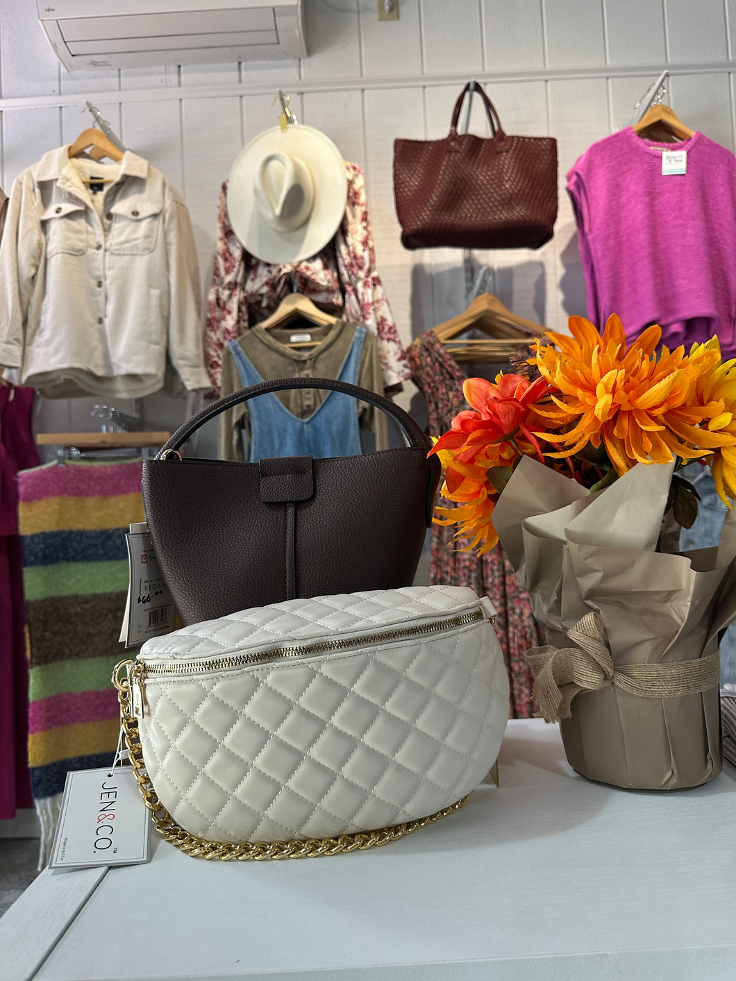 Sylvie Quilted Belt Bag with Chain Strap: Bone