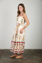 Load image into Gallery viewer, Alison | FLORAL BORDER PATTERN BELT STRAP MIDI DRESS: LIGHT KHAKI MULTI
