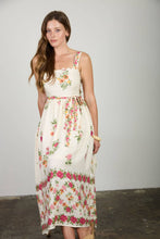 Load image into Gallery viewer, Alison | FLORAL BORDER PATTERN BELT STRAP MIDI DRESS: LIGHT KHAKI MULTI
