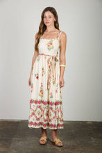 Load image into Gallery viewer, Alison | FLORAL BORDER PATTERN BELT STRAP MIDI DRESS: LIGHT KHAKI MULTI

