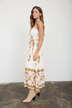 Load image into Gallery viewer, Alison | FLORAL BORDER PATTERN BELT STRAP MIDI DRESS: LIGHT KHAKI MULTI
