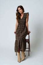 Load image into Gallery viewer, PLAID SMOCKED V NECK BUTTON DOWN RUFFLED MIDI DRES: BROWN
