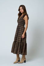 Load image into Gallery viewer, PLAID SMOCKED V NECK BUTTON DOWN RUFFLED MIDI DRES: BROWN
