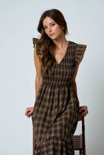 Load image into Gallery viewer, PLAID SMOCKED V NECK BUTTON DOWN RUFFLED MIDI DRES: BROWN
