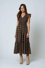 Load image into Gallery viewer, PLAID SMOCKED V NECK BUTTON DOWN RUFFLED MIDI DRES: BROWN
