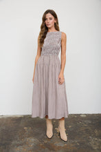 Load image into Gallery viewer, SMOCKED GINGHAM TIERED SLEEVELESS MIDI DRESS: BROWN
