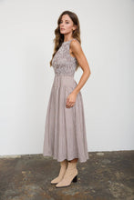 Load image into Gallery viewer, SMOCKED GINGHAM TIERED SLEEVELESS MIDI DRESS: BROWN
