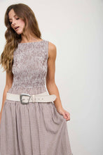 Load image into Gallery viewer, SMOCKED GINGHAM TIERED SLEEVELESS MIDI DRESS: BROWN
