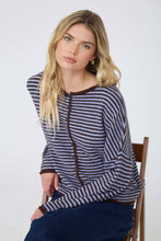 Load image into Gallery viewer, STRIPE RAW EDGE BUTTON DOWN LONG SLEEVE CARDIGAN : DARK BROWN
