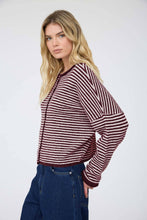 Load image into Gallery viewer, STRIPE RAW EDGE DROP SHOULDER KNIT CARDIGAN : BURGUNDY
