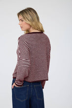 Load image into Gallery viewer, STRIPE RAW EDGE DROP SHOULDER KNIT CARDIGAN : BURGUNDY
