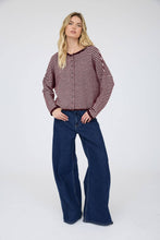 Load image into Gallery viewer, STRIPE RAW EDGE DROP SHOULDER KNIT CARDIGAN : BURGUNDY
