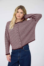 Load image into Gallery viewer, STRIPE RAW EDGE DROP SHOULDER KNIT CARDIGAN : BURGUNDY
