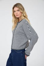 Load image into Gallery viewer, STRIPE RAW EDGE DROP SHOULDER KNIT CARDIGAN : CHARCOAL
