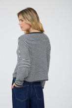 Load image into Gallery viewer, STRIPE RAW EDGE DROP SHOULDER KNIT CARDIGAN : CHARCOAL
