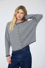 Load image into Gallery viewer, STRIPE RAW EDGE DROP SHOULDER KNIT CARDIGAN : CHARCOAL
