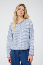 Load image into Gallery viewer, STRIPE RAW EDGE DROP SHOULDER KNIT CARDIGAN : DUSTY BLUE
