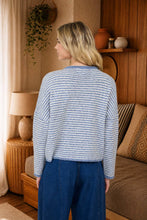 Load image into Gallery viewer, STRIPE RAW EDGE DROP SHOULDER KNIT CARDIGAN : DUSTY BLUE

