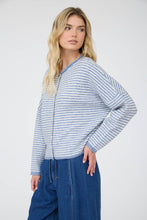 Load image into Gallery viewer, STRIPE RAW EDGE DROP SHOULDER KNIT CARDIGAN : DUSTY BLUE
