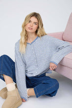 Load image into Gallery viewer, STRIPE RAW EDGE DROP SHOULDER KNIT CARDIGAN : DUSTY BLUE
